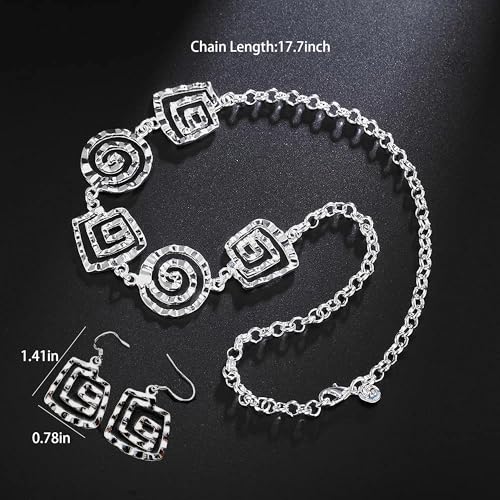 3 Circles Silver Hoop Earrings Necklace Set for Women Geometric Jewelry Set | 925 Silver Hypoallergenic Small Hoop Circle Geometry Textured Finish Minimalist Style Comfortable Wear - style: Square Spiral