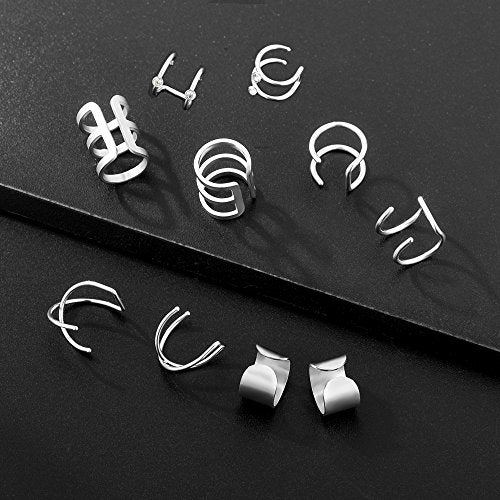 4-10 Pairs Stainless Steel Ear Cuff Helix Cartilage Clip On Wrap Earrings Fake Nose Ring Non-Piercing Adjustable - color: A0:10 Pairs, Silver