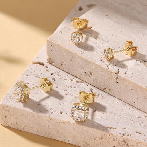 18K Gold Plated Halo Stud Earrings 925 Sterling Silver Cubic Zirconia Stud Earrings Round Square Diamonique Stud Earrings Set for Women Men - color: Gold2