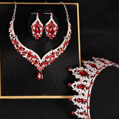 Crowns and Tiaras jewelry sets for Wedding princess birthday party Halloween Prom Pageant Jewelry for Women Crystal Bridal Jewelry Set for women - color: Silver Red