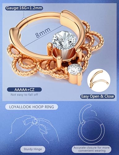8PCS 16G Septum Clicker Ring Stainless Steel CZ Opal Cartilage Helix Tragus Hoop Daith Earrings Nose Rings Hoop Hinged Segment Clicker Ring Piercing Jewelry - color: rose gold tone 8mm