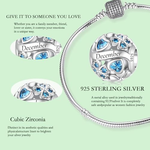 925 Sterling Silver Lucky Clover Birthstone Charms for Bracelets Dangle Pendant with 5A Cubic Zirconia Compatible Pandora Bracelets, Ladies Birthday Gift - style: 12-December