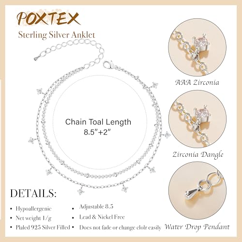 Gold/Sterling Silver Anklet Bracelets for Women Waterproof, Non Tarnish 925 Sterling Sliver Plated Heart Evileye Butterfly Charm, Dainty Summer Beach Anklets for Women, Beach Vacation Bikini Outfits for Her Mom - style: CZ-Silver