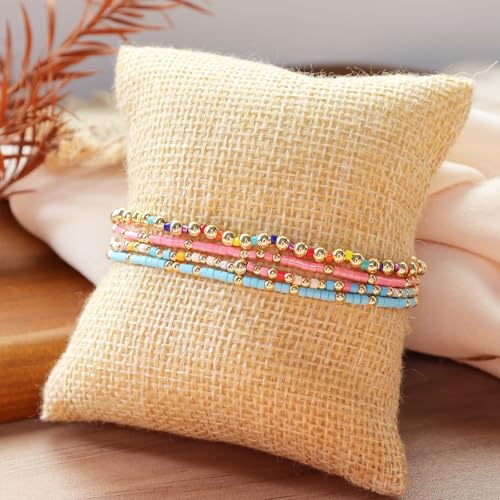 Colorful Seed Beaded Stack Bracelets Set for Women, 4Pcs Cute Dainty Boho Handmade Gold Beads Stackable Stretch Friendship Bracelet Prom Jewelry Gift.