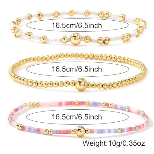 Gold Beaded Bracelet Stack for Women Colorful Small Seed Beads Bracelets Set Boho 14K Gold Plated Ball Stackable Stretch Non-Tarnish Dainty Jewelry Trendy Accessory Friendship Gift - color: pink and white