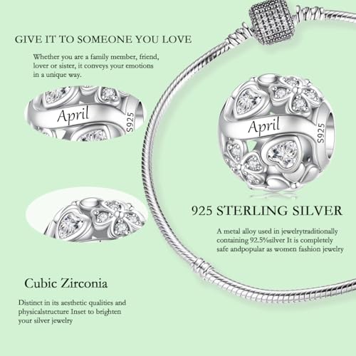 925 Sterling Silver Lucky Clover Birthstone Charms for Bracelets Dangle Pendant with 5A Cubic Zirconia Compatible Pandora Bracelets, Ladies Birthday Gift - style: 4-April