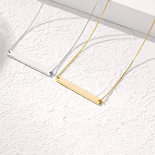 Gold Polished Horizontal Bar Necklace Personalized Stainless Steel Simple Pendant Link Layered Adjustable Chain for Women Girls Jewelry - color: White