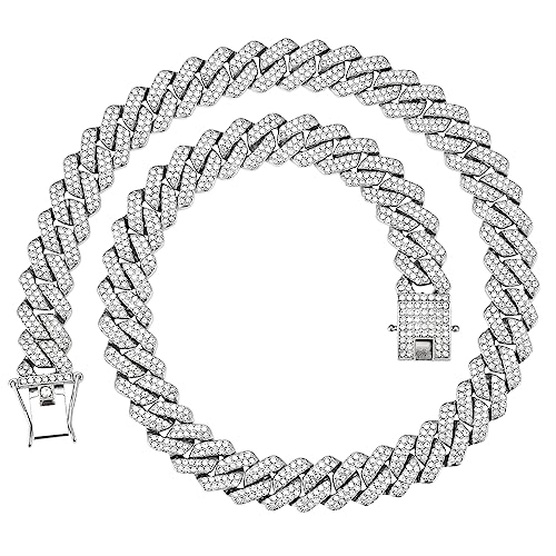 Mens Cuban Link Chain Miami Cuban Necklace 18K Gold Silver Chain For Men Women 14mm Iced Out Hip Hop Jewelry - color: 14K White Gold, size: 16 inches