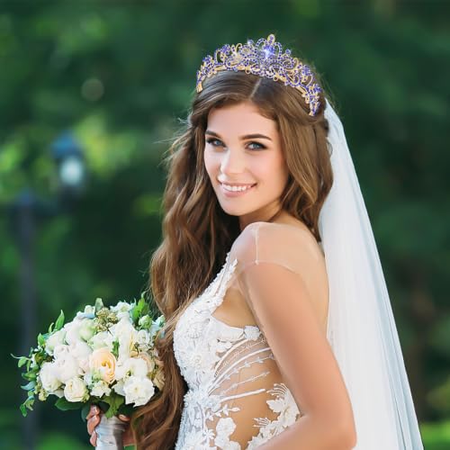 TAROSE Tiaras for Women, Birthday Crown and Sash for Girls | Birthday Sash Sunglasses Outfit, Birthday Gift for Women Girls, Goddess Crown Bride/Halloween/Prom/Party/Costume - color: 1 F. Gold+royal Blue