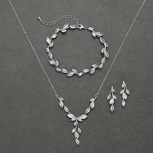 SWEETV Jewelry Set for Women, Cubic Zirconia Marquise Vine Cluster Bridal Earrings and Necklace Set, Bridal Jewelry Set for Wedding Prom - color: S09 Silver