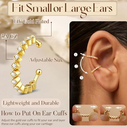 Florideco 4Pcs Ear Cuffs Non-Piercing for Women Dainty 14K Gold Plated Clip On Cartilage Earrings Hypoallergenic Huggie Hoop Cuffs Fake Earings for Non Pierced Ears - color: Beaded-14K Gold Plated