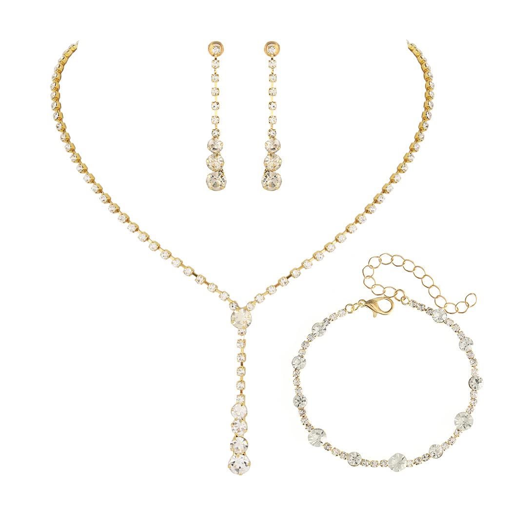 Bride Silver Bridal Necklace Earrings Set Crystal Wedding Jewelry Set Rhinestone Choker Necklace for Women and Brides - color: E Gold