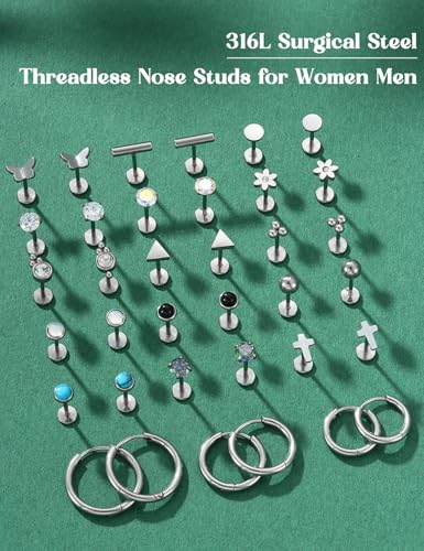 YADOCA 18Pairs Hypoallergenic Threadless Flat Back Earrings for Women 20G | Surgical Steel Push in Nose Stud Rings Labret Cartilage Lip Rings Medusa Nostril Conch Tragus Piercing Jewelry - color: B:Stud+Hoop, size: 20G-8MM
