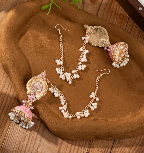 Pink Bollywood Traditional Jhumka Jhumki Statement Dangle Drop Earrings for Women Long Chain Tassel Hair Accessories CZ Faux Pearl Beaded Indian Bell Chandelier Stud Earring Boho Bride Wedding Jewelry - color: Pink