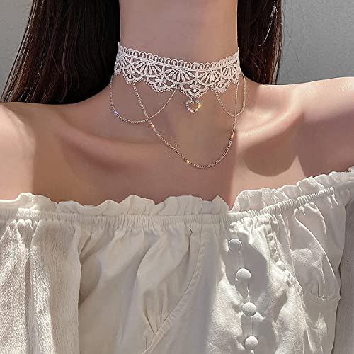 Bethynas Gothic White Lace Sexy Choker Necklace Heart Butterfly Pendant Tassel Collar Neck Chain Bridal Wedding Jewelry for Women Girls - color: Style B