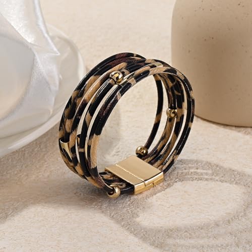 Wrapped Bracelets for Women,Leather Boho Bracelets for Women - color: Leopardprint-Beige
