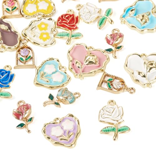 20Pcs Alloy Enamel Rose Charms Golden Plated 3D French Style Oil Painting Pendants Vinatge Floral Charms for Bracelet Necklace Earring - color: Golden Plated, 5 Styles