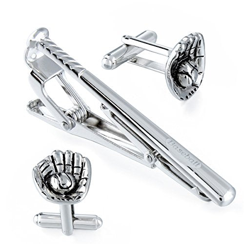 HAWSON Metal Cufflinks and Tie Clip Set for Men Novelty Cuff Links and Tie Bar Gifts for Wedding Level,Football, Musical Symbols Designs - color: Silver Baseball