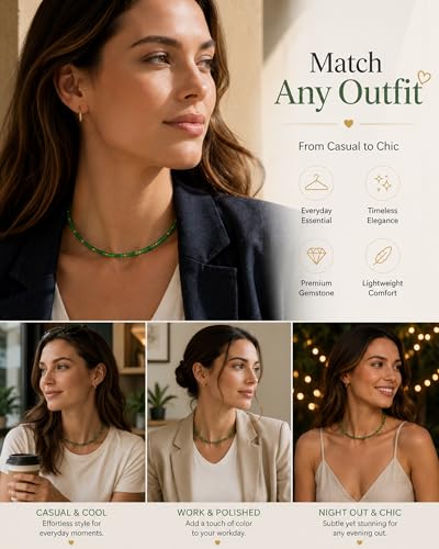Natural Heishi Gemstone Choker Necklace for Women, Adjustable 15"+2" Beaded Layering Necklace, Coastal Beach Jewelry Gift for Her - color: Green Aventurine