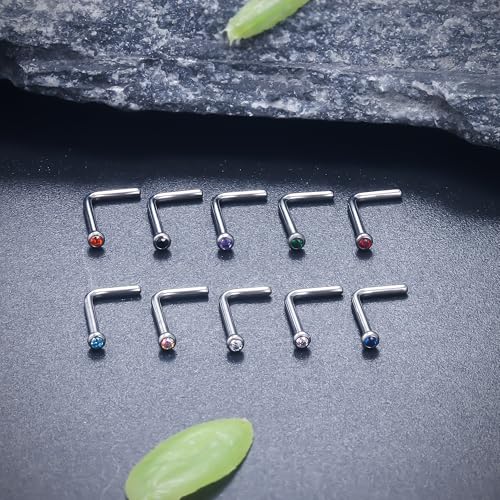 Ruifan ASTM F136 Titanium Nose Rings 18G 20G 22G Jeweled Mix Color Cubic Zirconia Nose Studs Ring Screw L-Shaped Bone Hypoallergenic Body Piercing Jewelry for Women 1.5mm 2mm 2.5mm 3mm 10PCS - style: L-Shaped:20G(0.8mm)-1.5mm CZ