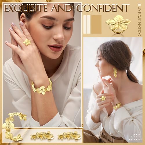 Misdary 3 Pcs Jewelry Gifts Set Bracelets Earrings Ring Cuff Bangle for Women Wedding Birthday Gifts - color: Gold, style: Floral