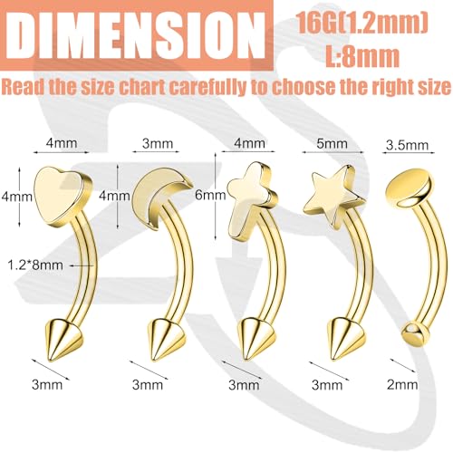 ZS 5Pcs Stainless Steel Eyebrow Rings, 16G Curved Belly Rings Navel Barbell Helix Daith Tragus Earrings Spike Vertical Labret Lip Piercing Jewelry - color: Gold,L:8mm