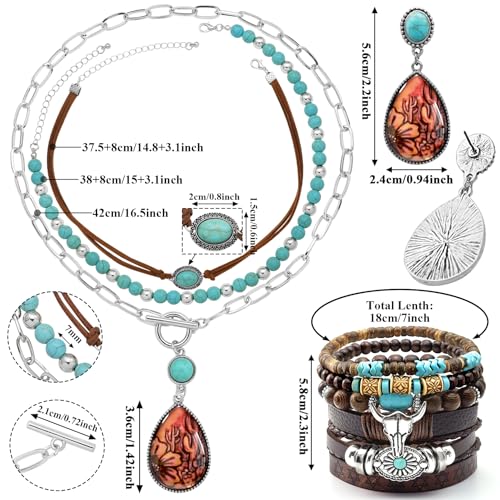 RechicGu Western Jewelry For Women Bohemian Turquoise Dangle Earrings Necklace Bracelet Set, Bullhead Pendant Layered Choker Boho Faux Leather Wristband Country Concert Cowgirl Accessories - color: Jewelry Set Cactus E