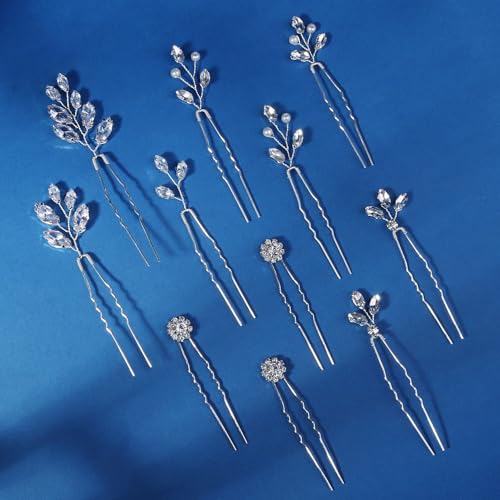11 Pieces Bride Hair Pins Rhinestones Hair Accessories for Women Crystal Hair Piece for Wedding Bride Women Bridesmaids - color: 01 Silver-TY-0424