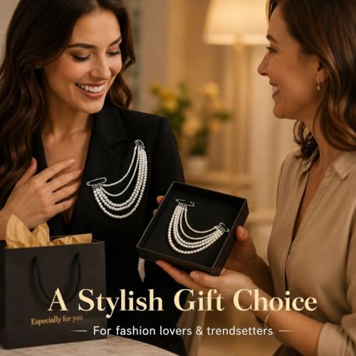 Pearl Pin Brooch for Women Men Vintage Multi Layer Faux Beaded Shoulder Jewelry U Shaped Lapel Chain Accessory Gift