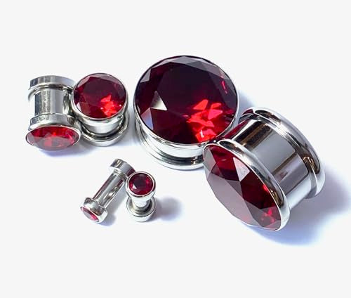 PAIR of Stunning Large CZ Red Gem Screw Fit Tunnels - Plugs - Gauges - Body Jewelry - size: 00g (10mm)
