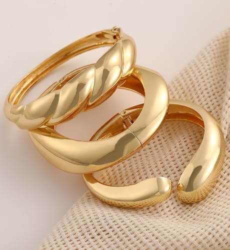 Chunky Gold Bangle Bracelets for Women, Dainty 14k Gold Plated Big Stackable Bangles Set, Trendy Statement Cuff Bracelet Stack Fashion Jewelry Gifts - style: A4-gold