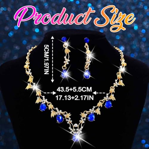 Gold Rhinestone Jewelry Set Bridal Wedding Necklace Earrings Sets Prom Formal Costume Jewelry for Women and Brides - color: Blue