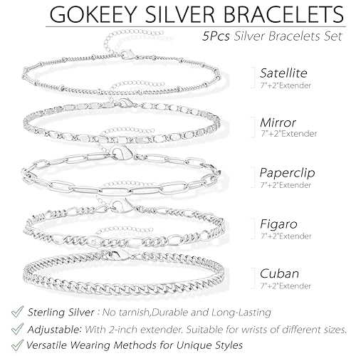 Gold Bracelets Set for Women Non Tarnish Trendy,14K Gold Plated Dainty Stackable Paperclip Cuban Link Chain Bracelets, Simple Cute Cuff Bracelets Jewelry Set Adjustable 7"+2" - color: Silver