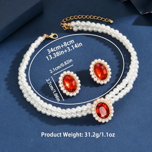 CSIYANJRY99 Pearl Necklace and Earring Set Faux Pearl Jewelry Sets for Women Imitation Beaded Pearl Necklace Bracelet Stud Earrings for Women - color: Red Zircon Pearl Set