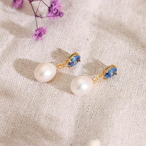 Pearl Drop Earrings Cubic Zirconia Stone Pearl Stud Earrings for Prom, Bridesmaids, Birthday Women Jewelry - color: Blue CZ Stone