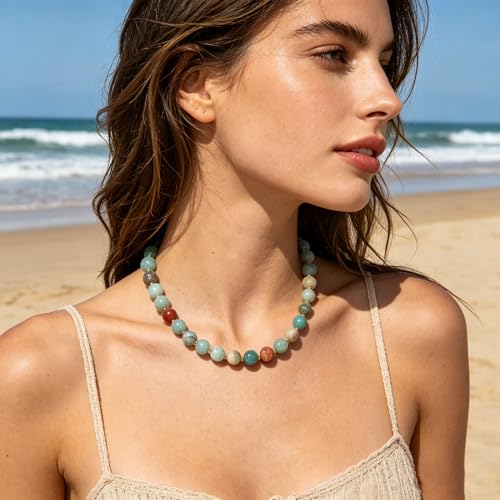 Colorful Beaded Necklace for Women Boho Statement Chunky Necklace Natural Stone Beads Gemstone Choker Necklaces Handmade Summer Beach Jewelry - color: Teal Blue