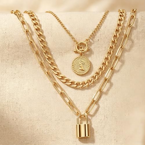 QCWN Gold Layered stacked Necklaces for women 3PS Chunky Statement Necklaces Stack Mixed Metal Charm Necklace for Women Trendy Coin Jewelry Gift for Her Gifts - style: Layered stack 8