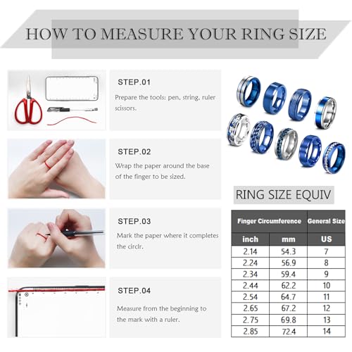 EIELO 9Pcs Stainless Steel Band Rings for Men Women Cool Fidget Spinning Chain Ring Anxiety Relief Fashion Simple Wedding Engagement Black Ring Set - color: Blue
