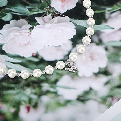 LEILE Faux Pearl Necklace Set for Women, Bracelet Earrings | Butterfly Pendant Design/Crystal/Rhinestone Daily Elegant Outfit, Gift - style: White, 14.5 in