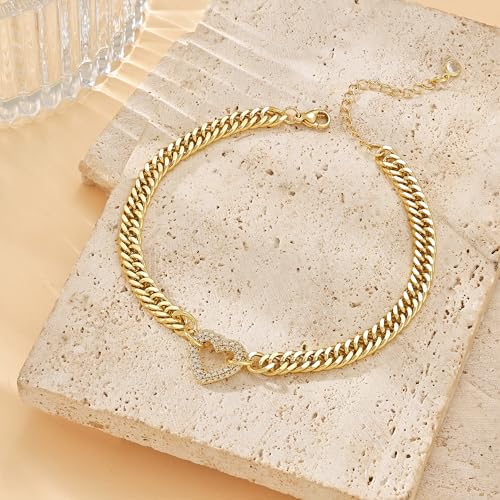 Moodear Gold Ankle Bracelets for Women Waterproof,14K Gold Plated Anklets | Waterproof, Non Tarnish Cuban Link Anklets, Trendy Jewelry Accessories for Summer Vacation, Beach Gifts for Women - style: Cuban CZ Heart