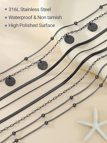 PROSTEEL Anklets for Women Waterproof, Silver/Gold/Black, Stainless Steel | Layered Anklets, Stainless Steel, Durable& No Tarnish, Summer Beach Jewelry, with Gift Box, 8-10.5" Adjustable, Plus Size - color: Black, size: Layer Ball Station