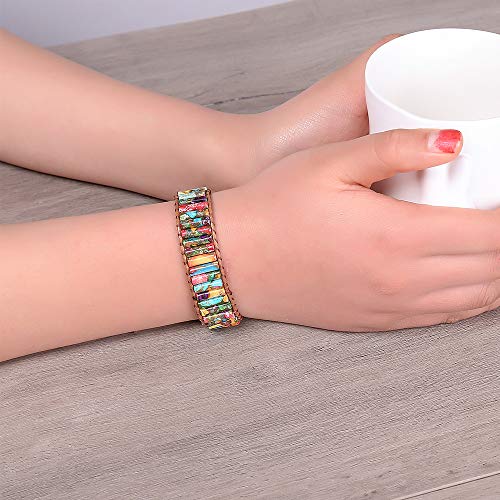 Plumiss Women Boho Handmade Natural Stone Crystal Leather Bead Wrap Bracelets Collection - style: Colorful Jasper 1W