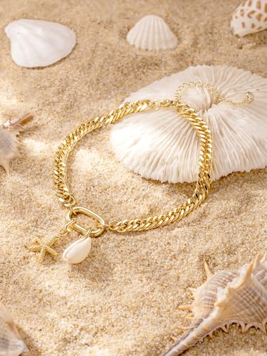 Anklets for Women Waterproof, 14K Gold Plated Anklet Non Tarnish | Ankle Bracelet for Women with Removable Starfish Shell Charms, Cuban Link Anklet for Big Ankles, Summer Beach Jewelry - style: Style1