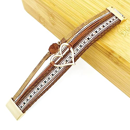 Womens Love Heart Leather Wrap Bracelet Multi-layer Stacked Bangle | Magnetic Clasp Soft PU Leather Resin Stone Rhinestone Boho Style Birthday Valentine Christmas Bohemian Jewelry Gift - color: Brown
