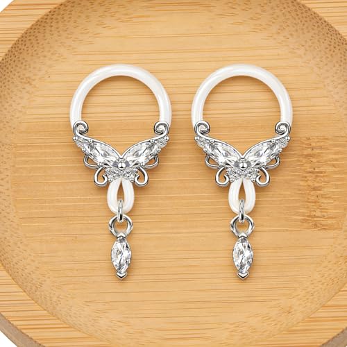 2 Pcs Butterfly Fake Nipple Rings for Women, CZ Nipple Noose Nipple Jewelry Non Piercing Dangle Nipple Ring, Non Pierced Nipple Body Jewelry - color: silver