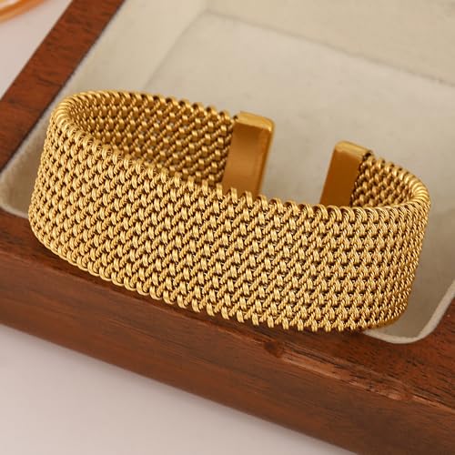 hotoo Gold Open Cuff Bangles Wide Woven Bracelets For Women Stainless Steel Stackable Jewelry For Xmas Birthday Gifts - style: Cuff Bracelet