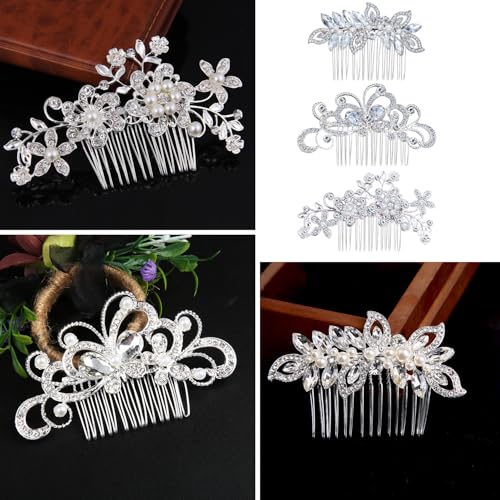 3 Pieces Bridal Hair Side Combs, Crystal Hair Combs, Bridal Bridesmaid Rhinestone Hair Accessories Party Headpieces(Silver)