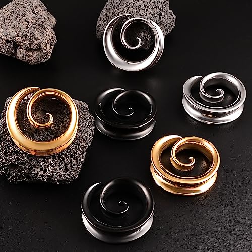 DOEARKO 2PCS Fashion Round Spiral Saddle 316 Stainless Steel Ear Tunnels Plugs Stretcher Gauges For Ear lobe Expander Piercing Body Jewelry - color: Black, size: 10mm(00G)