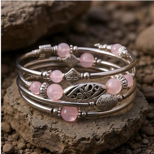 Boho Wrap Beaded Bracelet for Women – Handmade Natural Stone Jewelry – Stainless Steel Adjustable Ethnic Chic Gift - color: Pink Crystal