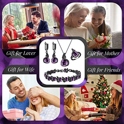 GZWHD Jewelry Set for Women Water Drop Cubic Zirconia Artificial Crystal Earrings Pendant Necklace Open Ring Tennis Bracelet Wedding Anniversary Birthday Engagement Gift for Bridesmaid Wife Girlfriend Friend - color: Black Gun-Purple
